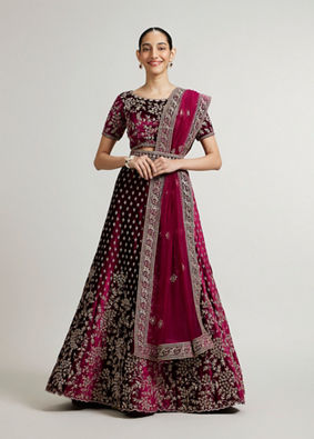 Mohey Women Dark Wine Bel Buti Patterned Bridal Lehenga with Aari Embroidery image number 0