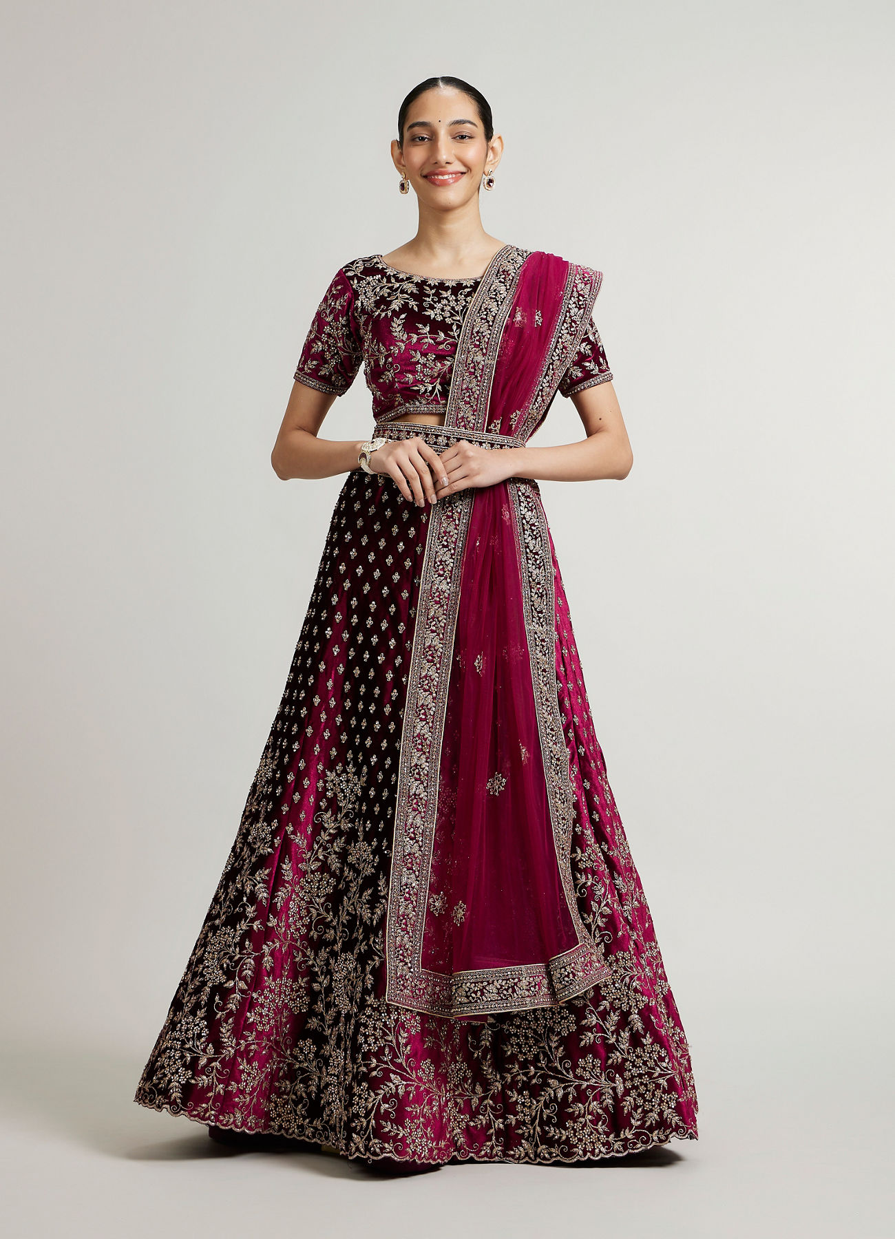 Mohey Women Dark Wine Bel Buti Patterned Lehenga with Aari Embroidery