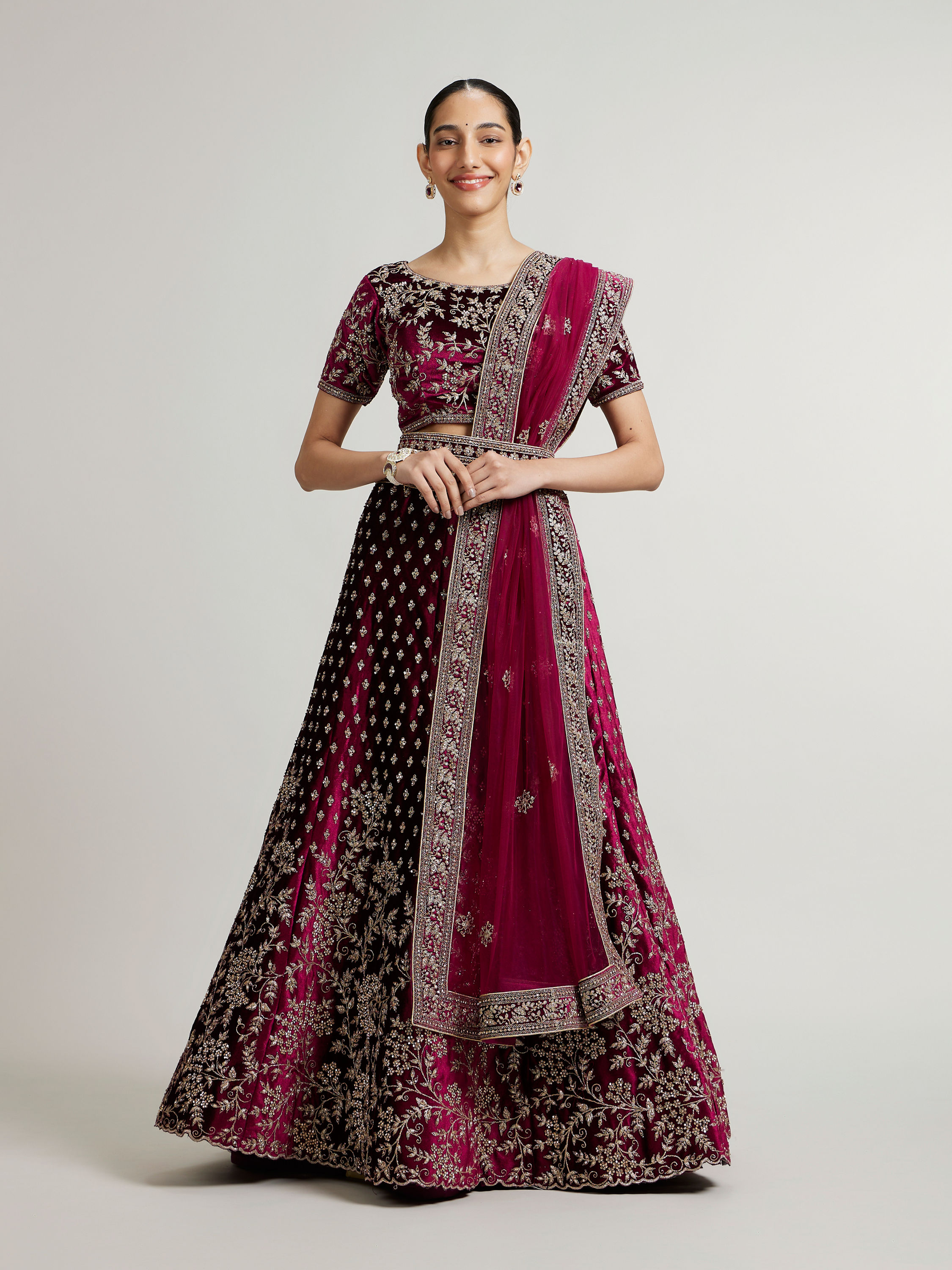 Mohey Women Dark Wine Bel Buti Patterned Lehenga with Aari Embroidery