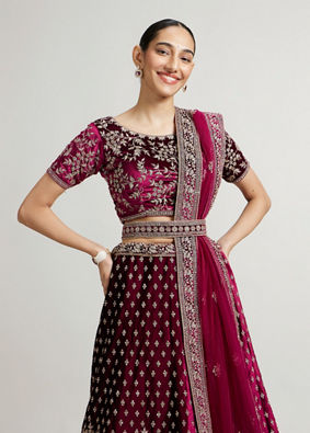 Mohey Women Dark Wine Bel Buti Patterned Bridal Lehenga with Aari Embroidery image number 1