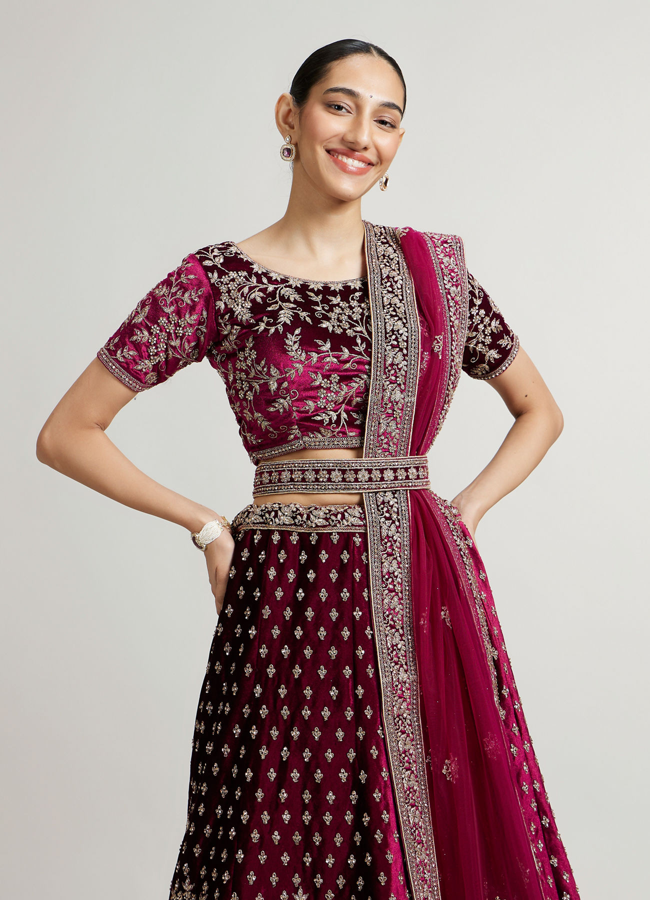 Mohey Women Dark Wine Bel Buti Patterned Lehenga with Aari Embroidery