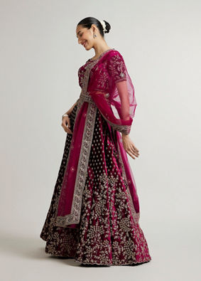 Mohey Women Dark Wine Bel Buti Patterned Bridal Lehenga with Aari Embroidery image number 2