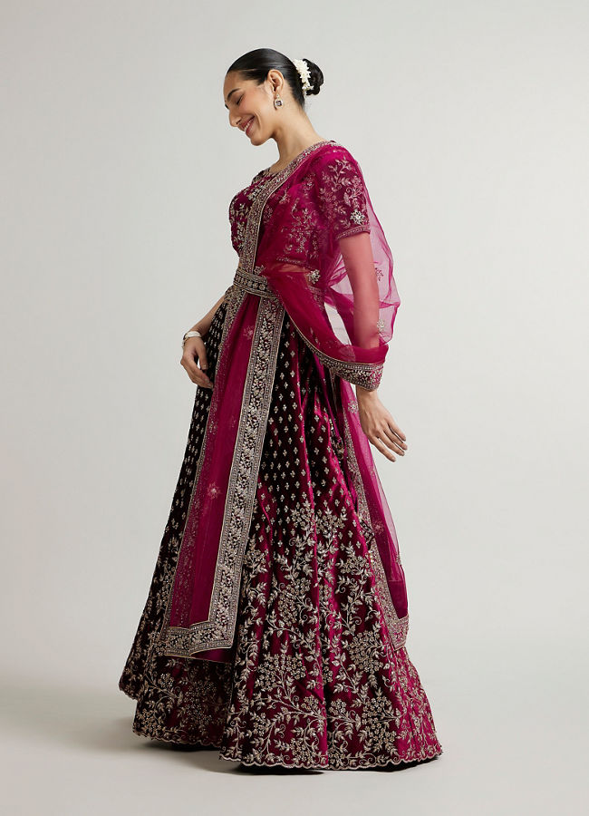 Mohey Women Dark Wine Bel Buti Patterned Lehenga with Aari Embroidery