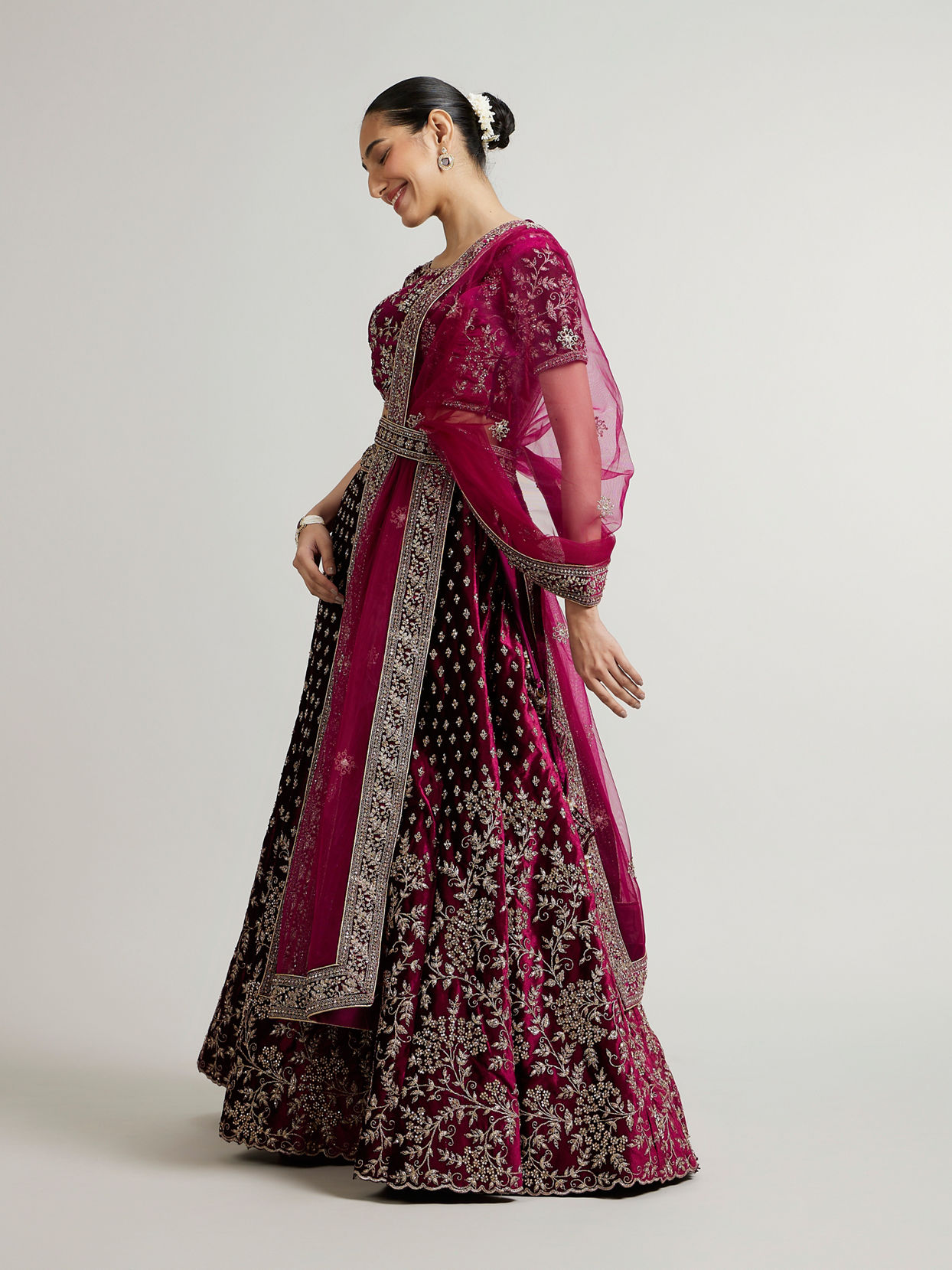 Mohey Women Dark Wine Bel Buti Patterned Lehenga with Aari Embroidery