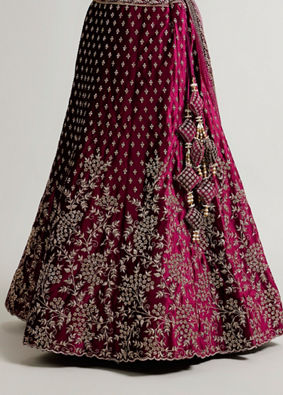 Mohey Women Dark Wine Bel Buti Patterned Bridal Lehenga with Aari Embroidery image number 4