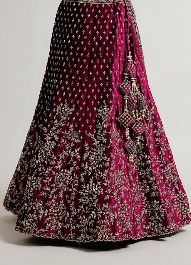 Mohey Women Dark Wine Bel Buti Patterned Bridal Lehenga with Aari Embroidery image number 4