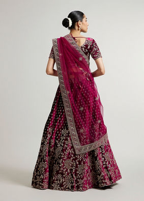 Mohey Women Dark Wine Bel Buti Patterned Bridal Lehenga with Aari Embroidery image number 5