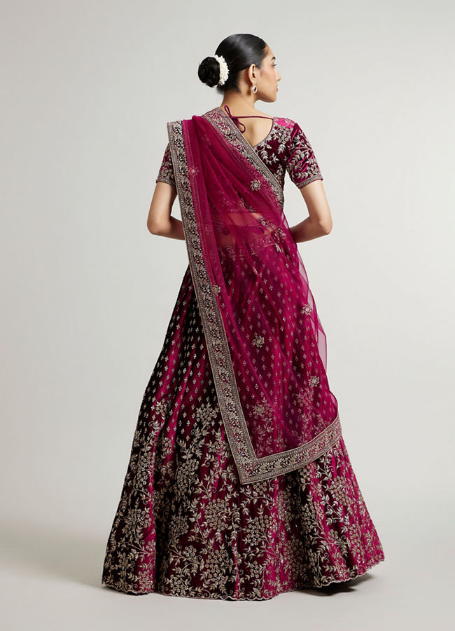 Mohey Women Dark Wine Bel Buti Patterned Bridal Lehenga with Aari Embroidery image number 5