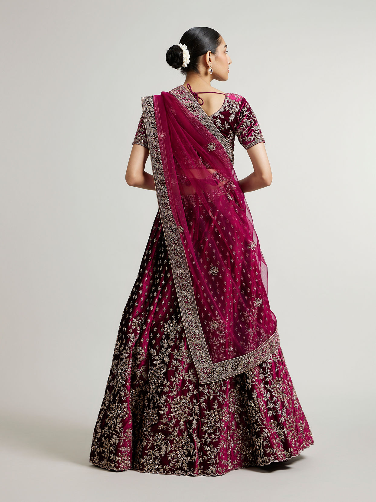 Mohey Women Dark Wine Bel Buti Patterned Lehenga with Aari Embroidery