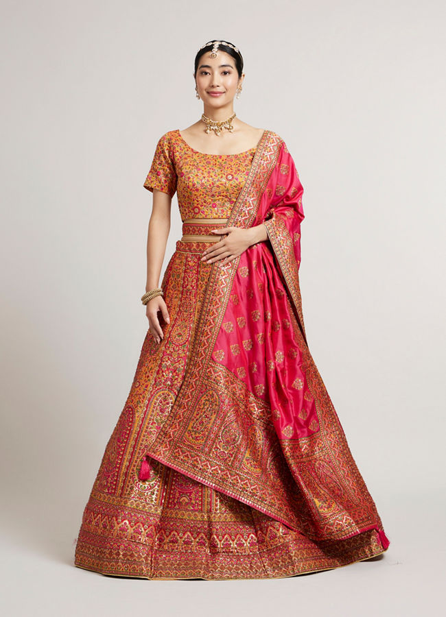 Mohey Women Mustard Yellow Sequinned Benarasi Lehenga with Paisley & Bel Buti Motifs image number 0