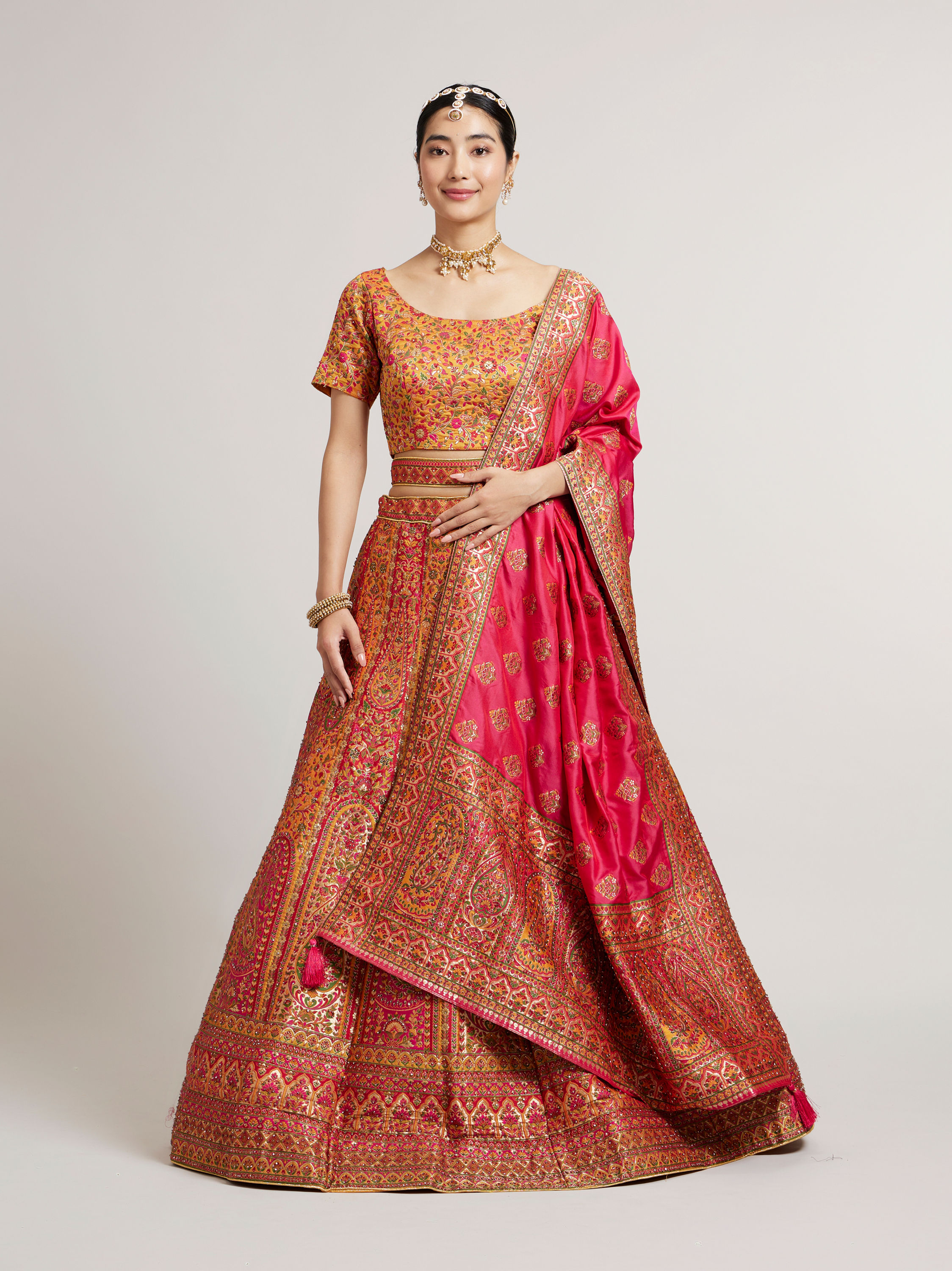 Mohey Women Mustard Yellow Sequinned Lehenga with Bel Buti Motifs