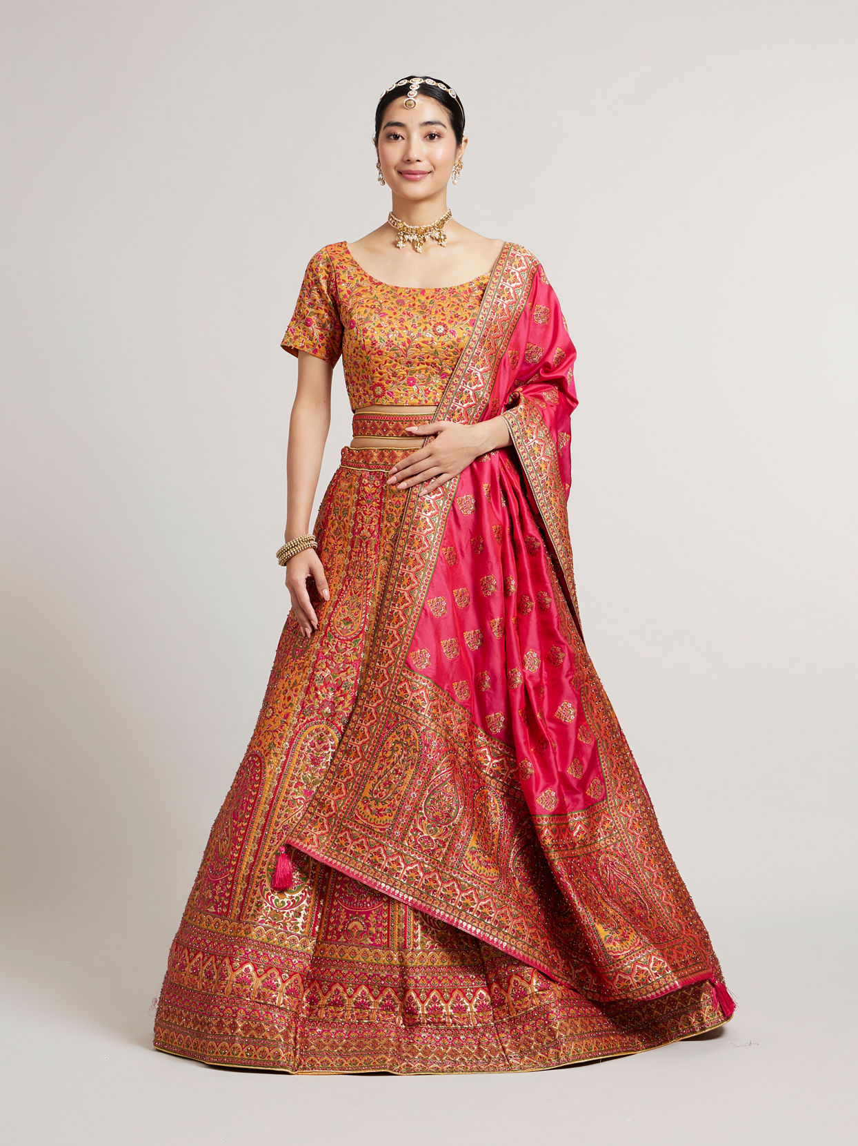 Mohey Women Mustard Yellow Sequinned Benarasi Lehenga with Paisley & Bel Buti Motifs image number 0