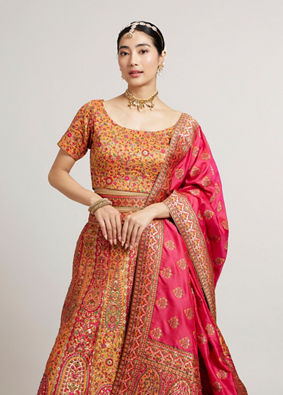 Mohey Women Mustard Yellow Sequinned Benarasi Lehenga with Paisley