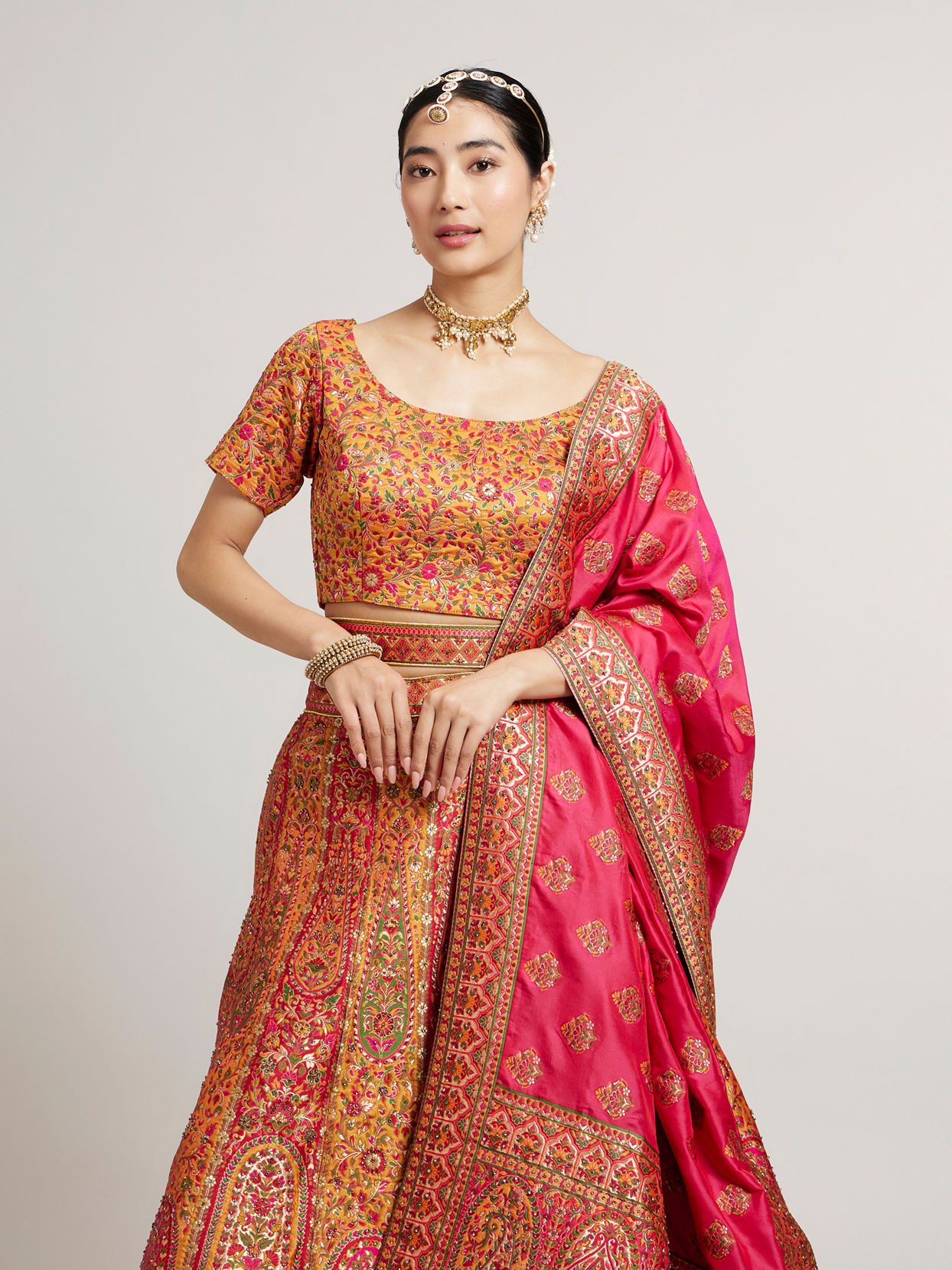 Mohey Women Mustard Yellow Sequinned Benarasi Lehenga with Paisley