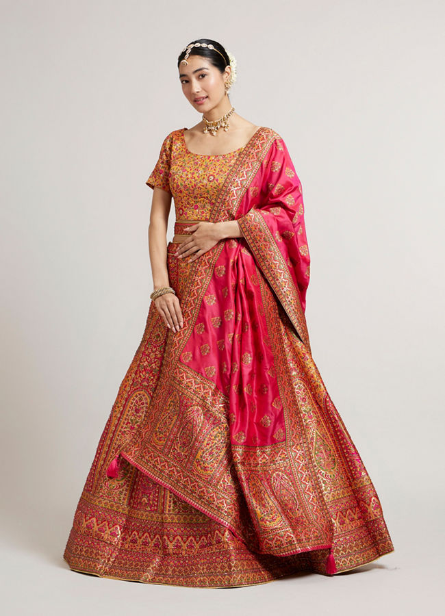 Mohey Women Mustard Yellow Sequinned Benarasi Lehenga with Paisley