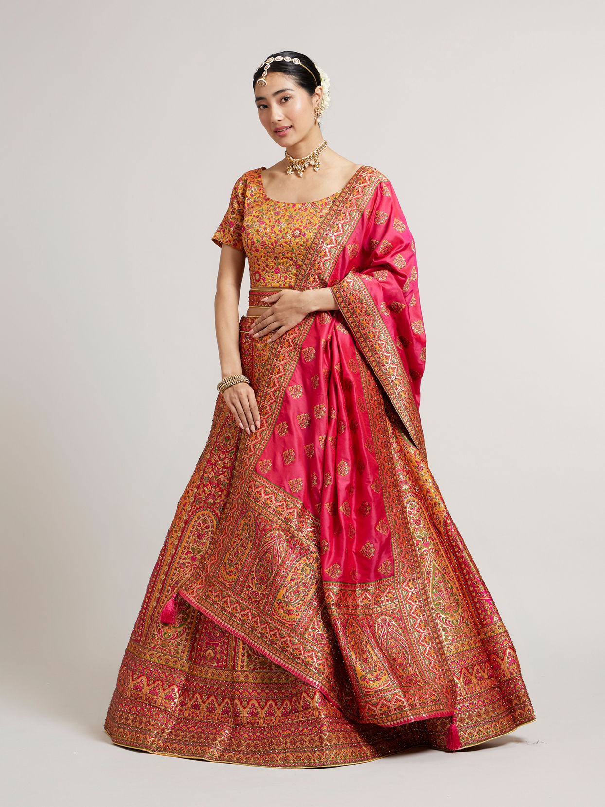 Mohey Women Mustard Yellow Sequinned Benarasi Lehenga with Paisley