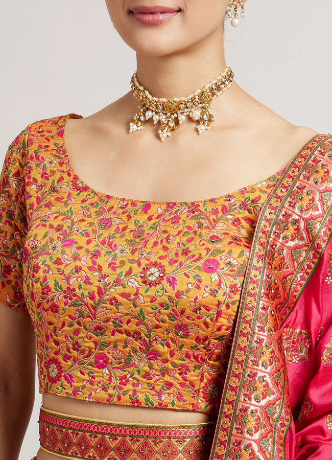 Mohey Women Mustard Yellow Sequinned Benarasi Lehenga with Paisley