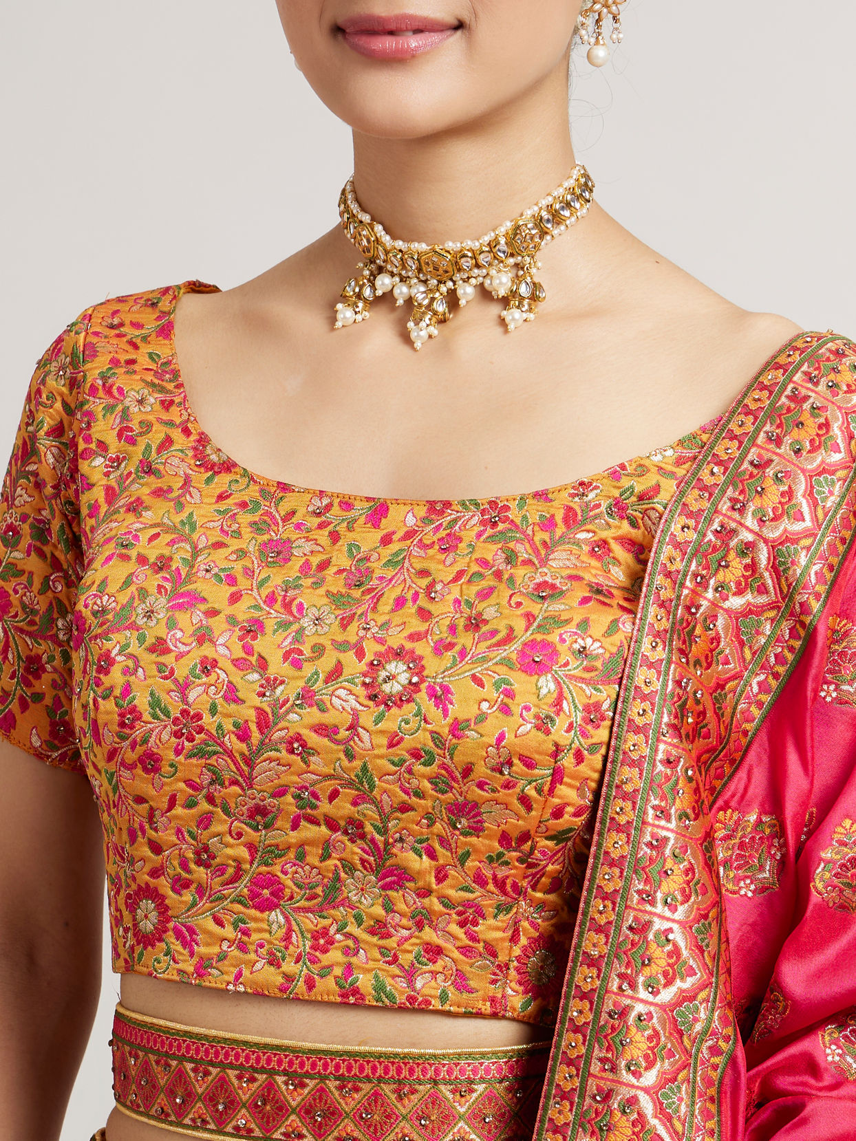 Mohey Women Mustard Yellow Sequinned Benarasi Lehenga with Paisley