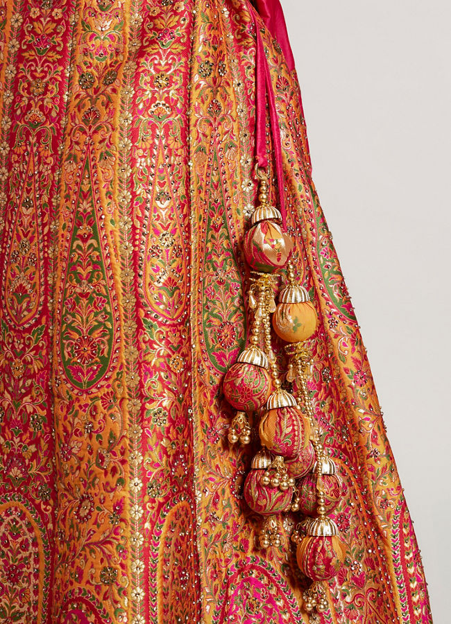 Mohey Women Mustard Yellow Sequinned Benarasi Lehenga with Paisley