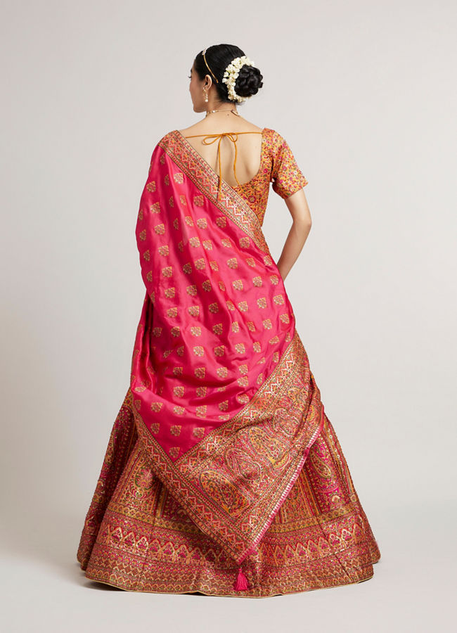 Mohey Women Mustard Yellow Sequinned Benarasi Lehenga with Paisley