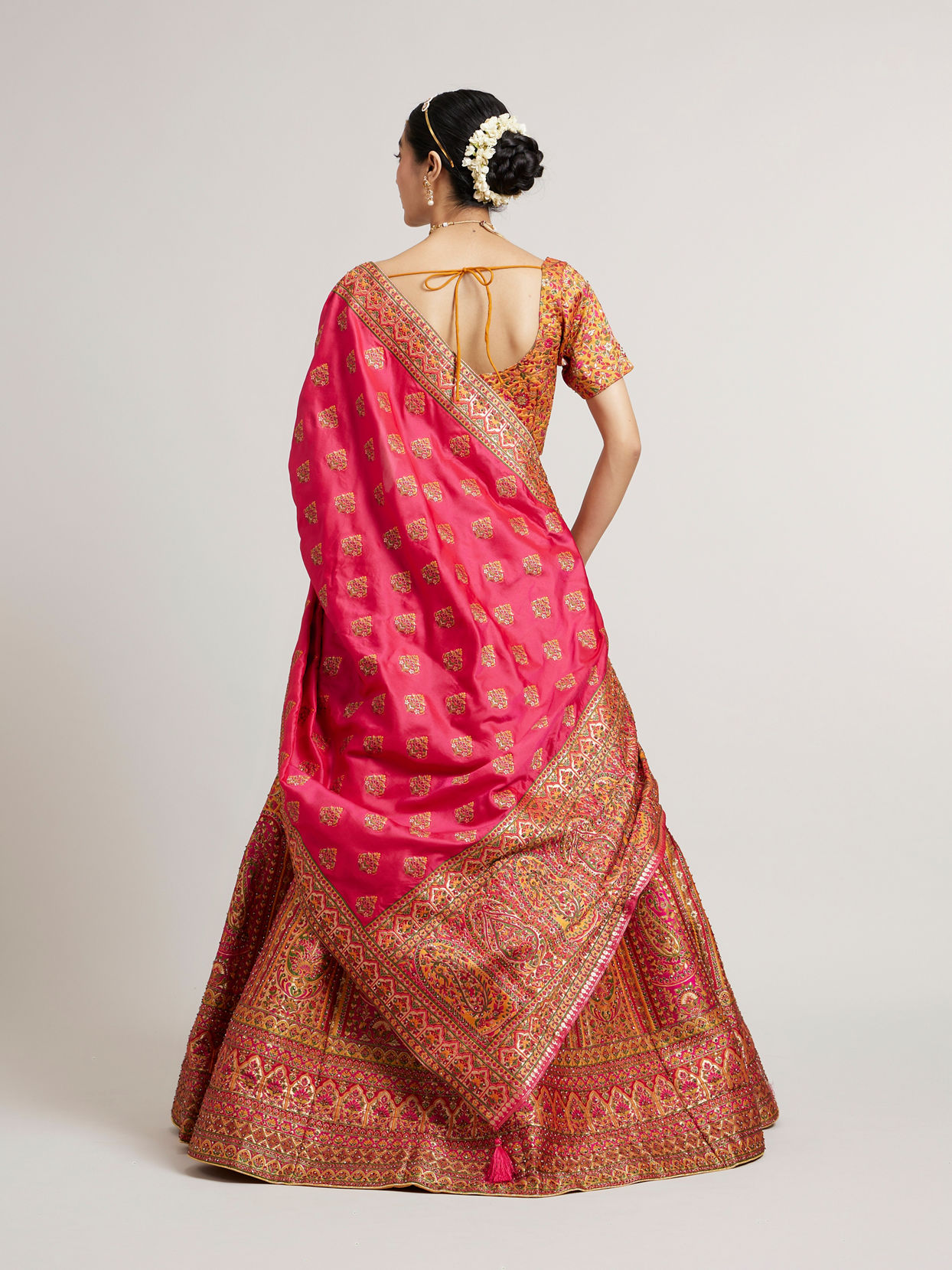 Mohey Women Mustard Yellow Sequinned Benarasi Lehenga with Paisley