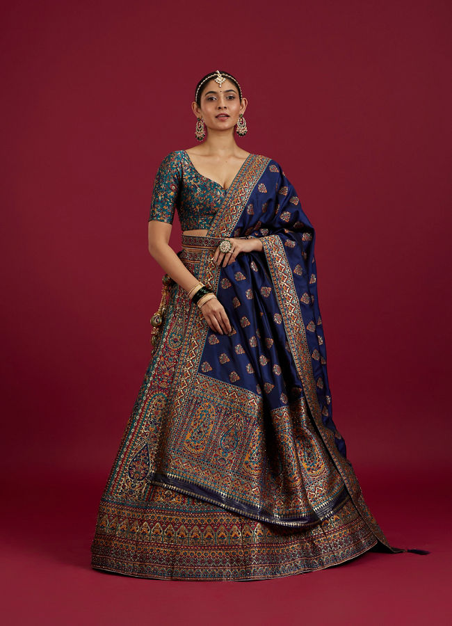 Mohey Women Rama Green Paisley Patterned Benarasi Lehenga with Buta Patterned