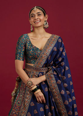 Mohey Women Rama Green Paisley Patterned Benarasi Lehenga with Buta Patterned