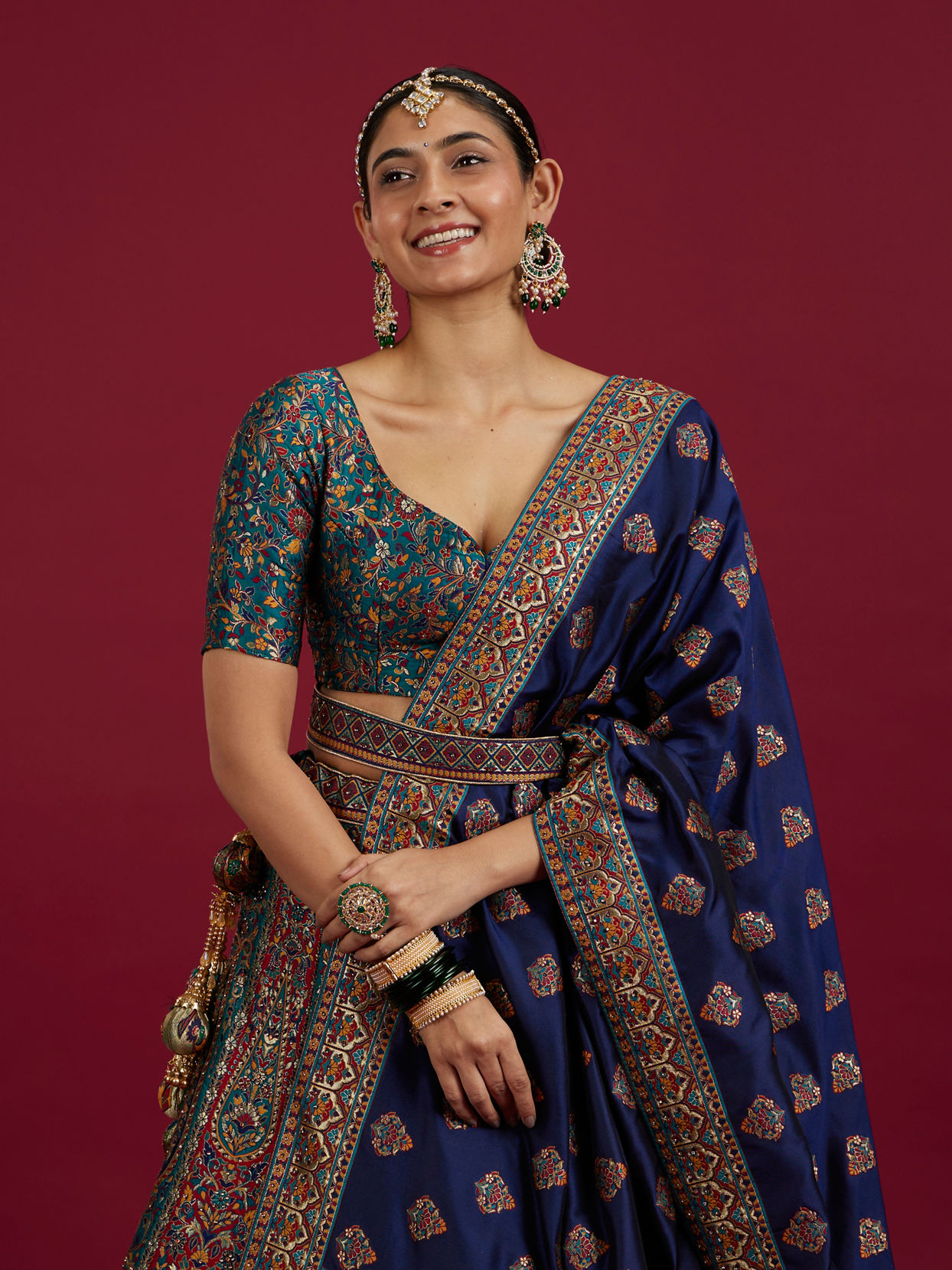 Mohey Women Rama Green Paisley Patterned Benarasi Lehenga with Buta Patterned