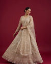 Mohey Women Soft Cream Rhinestone Embellished Lehenga with Teardrop, Fern And Jaal Patterns