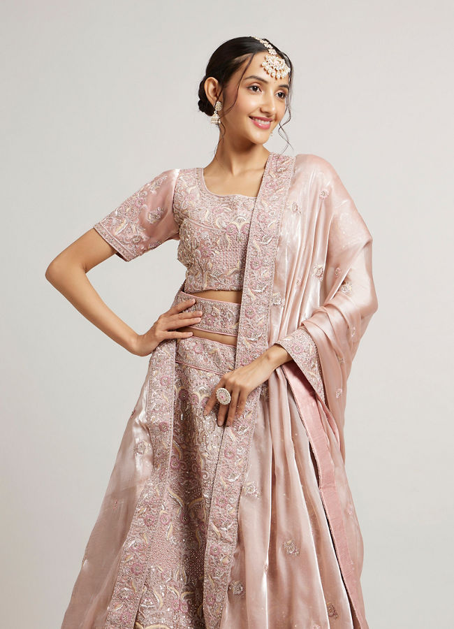 Mohey Women Blush Pink Lehenga with Imperial Motifs And Sequin Work And Potli Trims