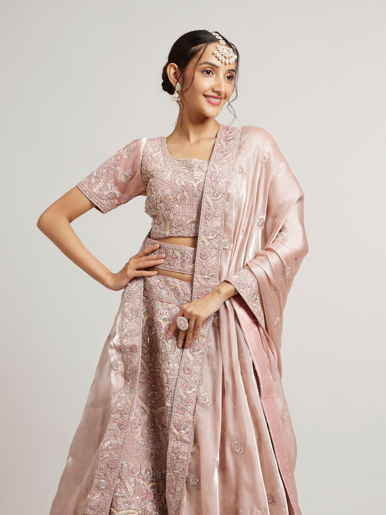 Mohey Women Blush Pink Lehenga with Imperial Motifs And Sequin Work And Potli Trims