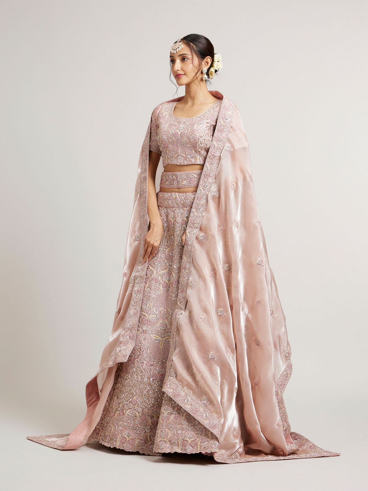 Mohey Women Blush Pink Lehenga with Imperial Motifs And Sequin Work And Potli Trims