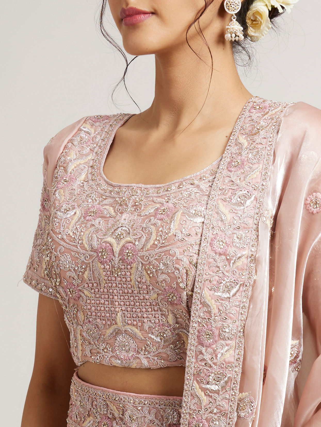 Mohey Women Blush Pink Lehenga with Imperial Motifs And Sequin Work And Potli Trims