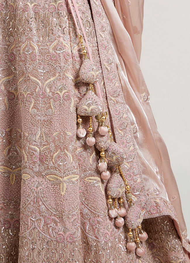 Mohey Women Blush Pink Bridal Lehenga with Imperial Motifs & Sequin Work & Potli Trims image number 4