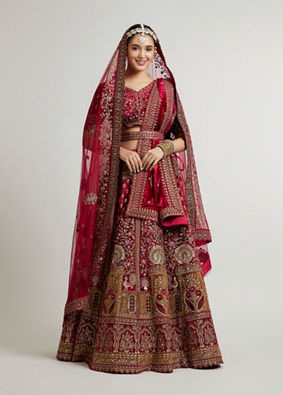 Mohey Women Maroon Red Aari Embroidered Lehenga with Peacock And Floral Motifs