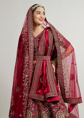 Mohey Women Maroon Red Aari Embroidered Lehenga with Peacock And Floral Motifs