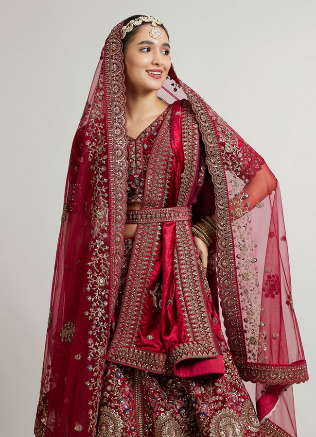 Mohey Women Maroon Red Aari Embroidered Lehenga with Peacock And Floral Motifs