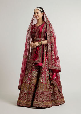 Mohey Women Maroon Red Aari Embroidered Bridal Lehenga with Peacock & Floral Motifs image number 2