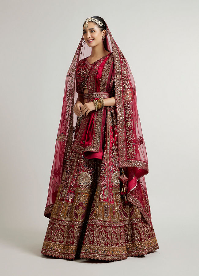 Mohey Women Maroon Red Aari Embroidered Lehenga with Peacock And Floral Motifs