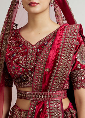 Mohey Women Maroon Red Aari Embroidered Bridal Lehenga with Peacock & Floral Motifs image number 3