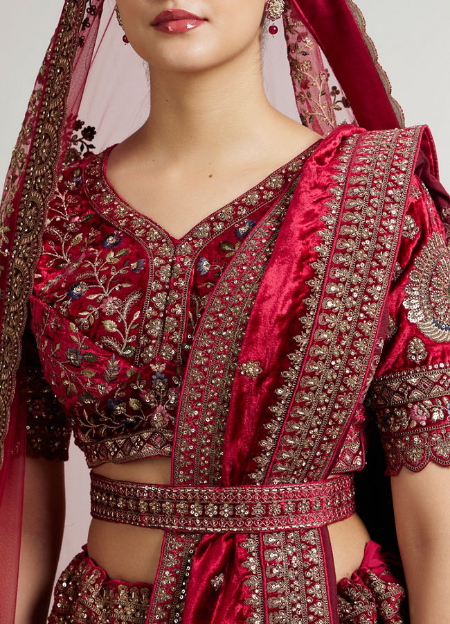Mohey Women Maroon Red Aari Embroidered Lehenga with Peacock And Floral Motifs