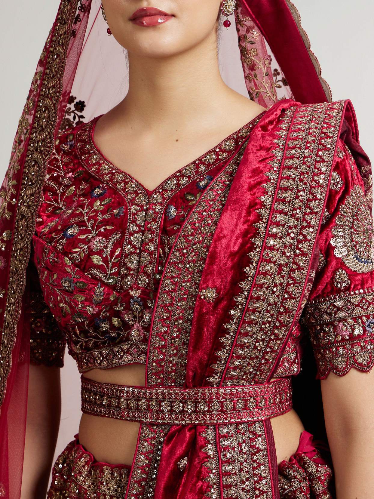 Mohey Women Maroon Red Aari Embroidered Lehenga with Peacock And Floral Motifs