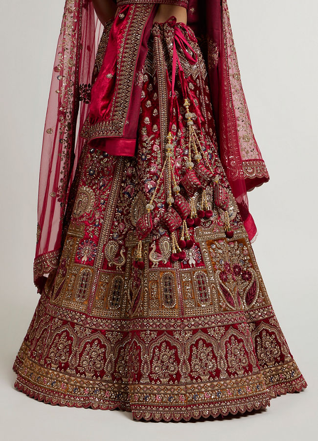 Mohey Women Maroon Red Aari Embroidered Lehenga with Peacock And Floral Motifs