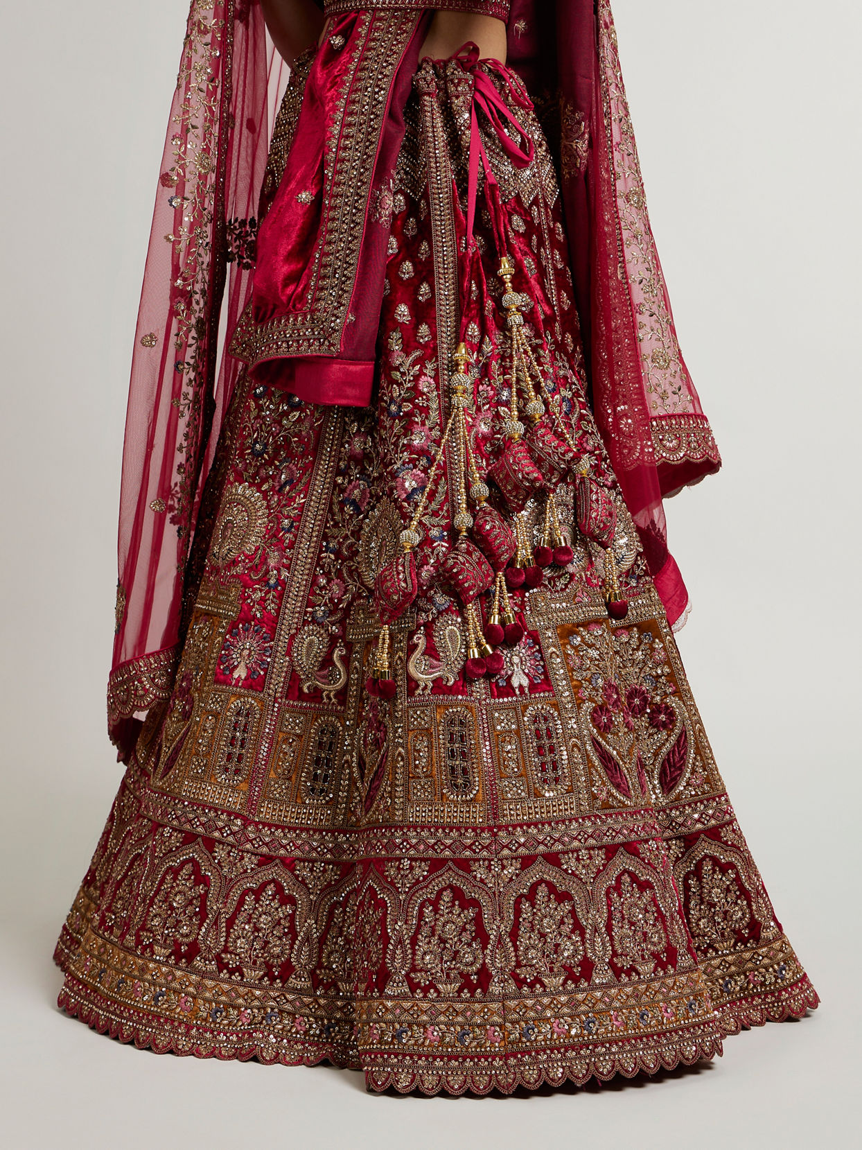 Mohey Women Maroon Red Aari Embroidered Lehenga with Peacock And Floral Motifs