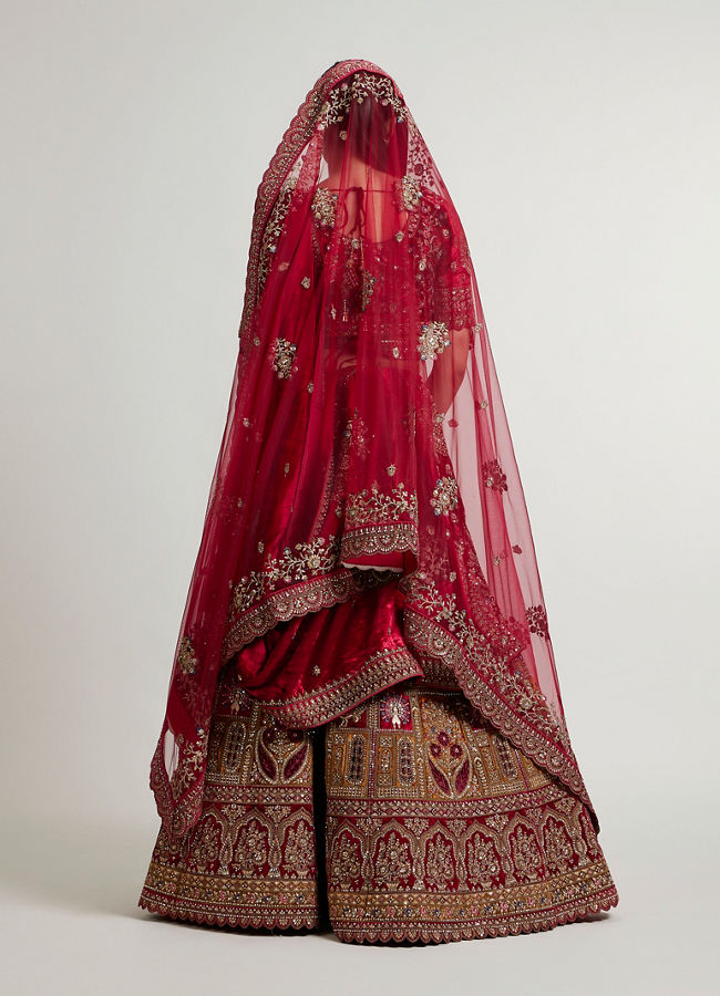 Mohey Women Maroon Red Aari Embroidered Lehenga with Peacock And Floral Motifs