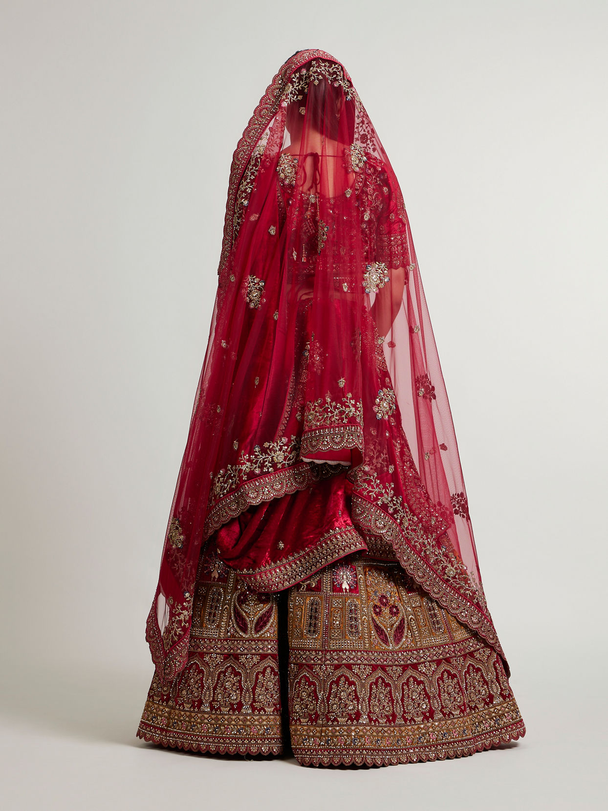 Mohey Women Maroon Red Aari Embroidered Lehenga with Peacock And Floral Motifs
