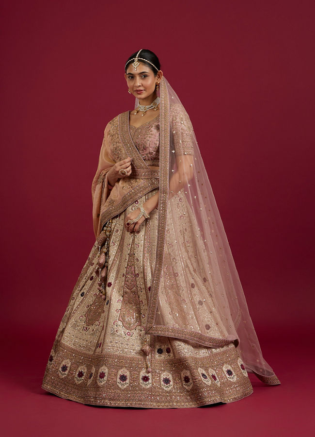Mohey Women Soft Cream Linear Patterned Lehenga with Rhinestone And Sequin Work