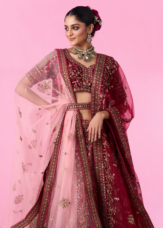 Mohey Women Velvety Maroon Bridal Lehenga