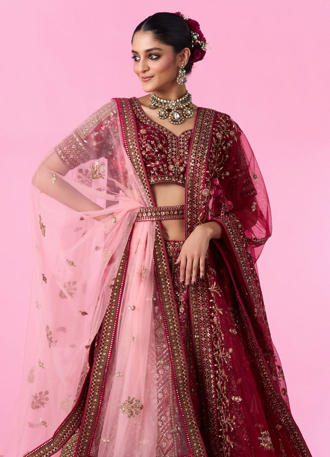 Mohey Women Velvety Maroon Bridal Lehenga