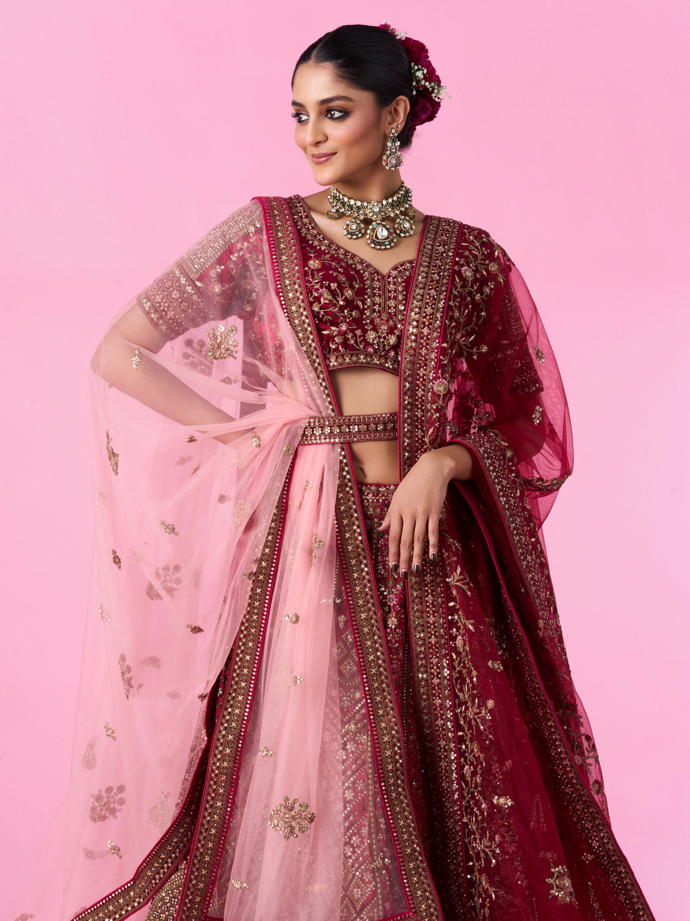 Mohey Women Velvety Maroon Bridal Lehenga